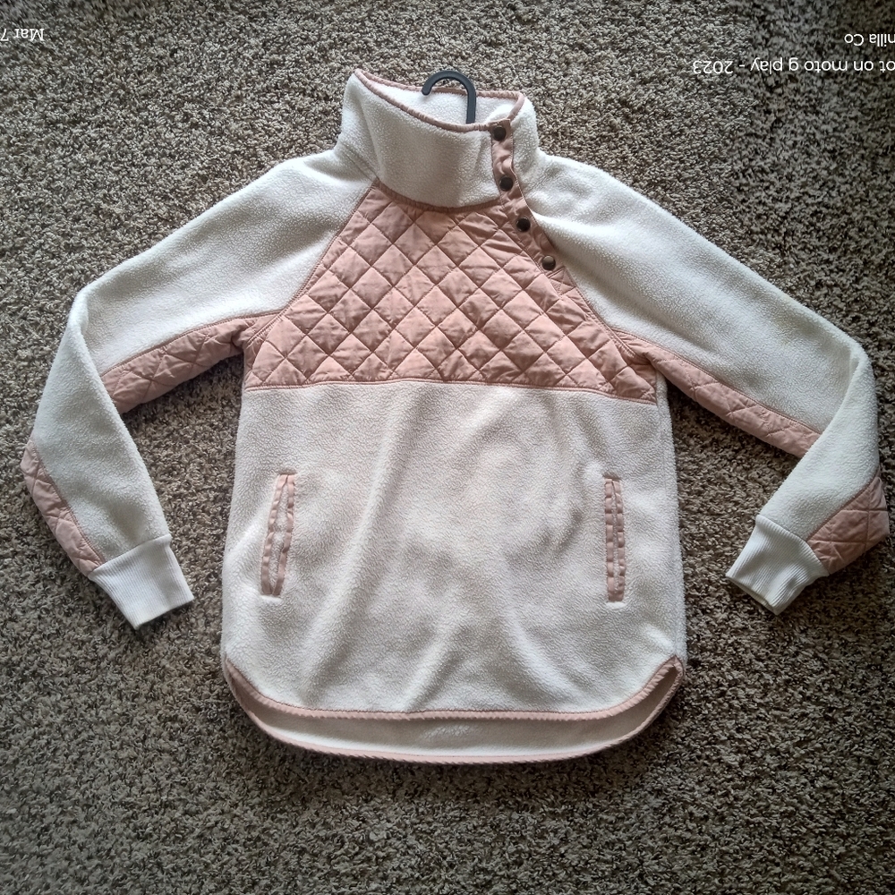 Abercrombie & Fitch Asymmetrical Snap-Up Fleece Jacket Pink White Size Small - Picture 2 of 12